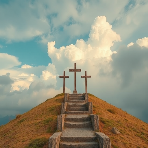 Create a serene landscape featuring a stairway leading to three crosses in a heavenly cloud-filled sky, shot with a Canon EOS R5 at f/8 aperture, ISO 100, 24mm focal length, in soft natural lighting with a slightly elevated perspective and rich color saturation for enhanced details.