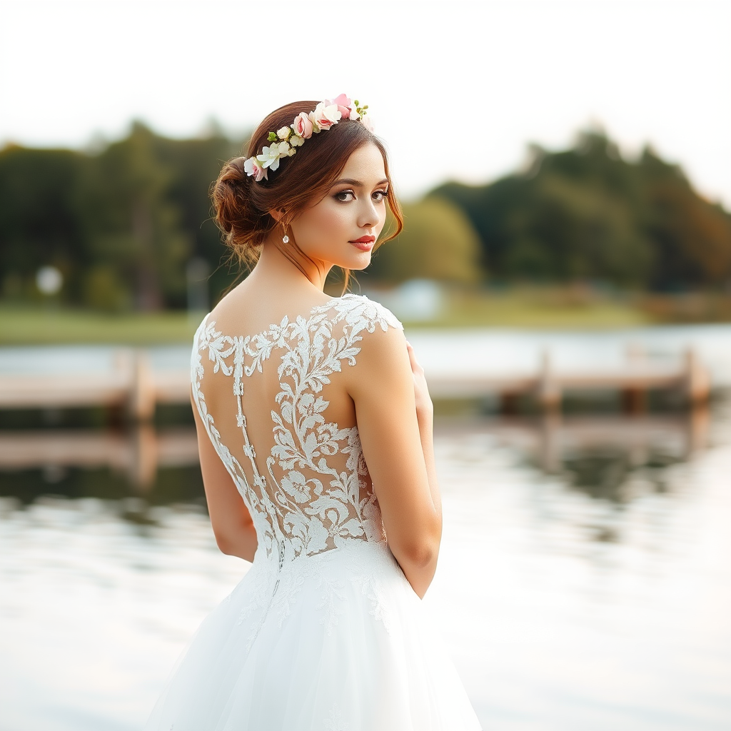 water front lake scene, bridal model, delicate lace gown, floral headpiece, soft romantic focus, high-key lighting and an 85mm lens for soft, even tones that highlight the model’s face and bright outfit against a white or light background