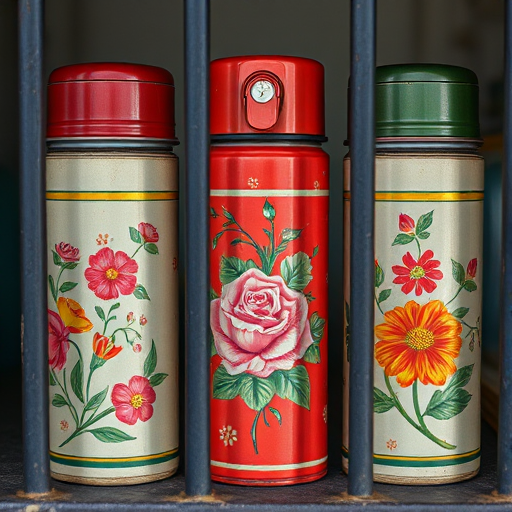 regenerate the image of three vintage thermoses with floral designs behind iron bars, focus on vibrant colors and details, use a Canon EOS R5, aperture f/2.8, ISO 100, shutter speed 1/200s, focal length 50mm, natural light, shallow depth of field for enhanced image quality.