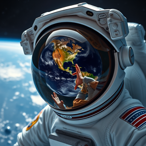 Create an image of an astronaut in space with Earth reflected in the helmet, using a DSLR camera with a 24mm lens, aperture set to f/4, ISO 100, shutter speed 1/125s, high dynamic range, and a wide-angle view for enhanced depth and clarity.
