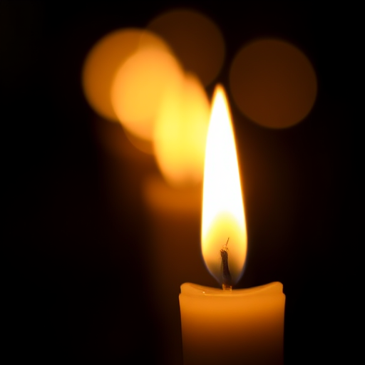 Candlelight in dark setting with soft bokeh background, f/1.8, 50mm lens, ISO 100, 1/60 sec, macro shot on DSLR camera to enhance image quality.