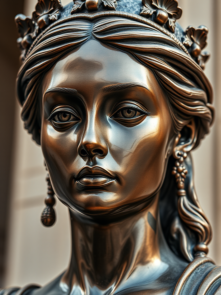 Create a highly detailed image of a majestic bronze statue of a woman, taken with a DSLR camera at f/2.8 aperture, ISO 100, 50mm lens, in a natural light setting, capturing intricate textures and reflections, with a shallow depth of field for a professional portrait effect.