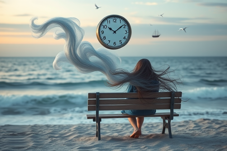 Create a surreal image of a person sitting on a beach bench with a clock floating above, incorporating waves of hair that blend into the sea, ethereal elements like a ship and mystical creatures, with a focus on a dreamy atmosphere; use a DSLR camera, 50mm lens, f/1.8 aperture, ISO 100, and a soft focus for a serene effect.