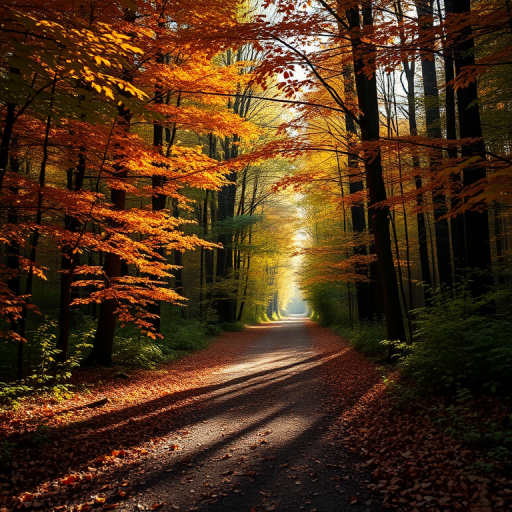 A tranquil forest path illuminated by soft sunlight filtering through autumn leaves, capturing rich orange and green hues, taken with a DSLR camera at f/2.8, ISO 100, 1/250s, from a low angle perspective for depth and clarity.