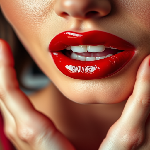 Captivating woman lips featuring a glossy cherry red lipstick, juicy and vibrant, full and pouty, reminiscent of classic Hollywood glamour