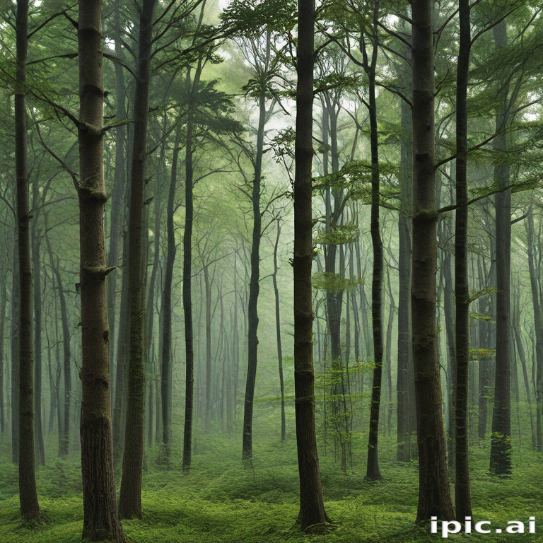 Serene Misty Forest with Tall Trees and Lush Green Underbrush