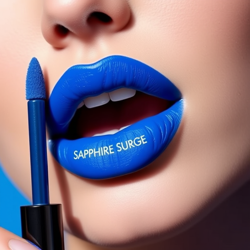Electric blue matte liquid lipstick named "Sapphire Surge" with a ultra-long-wearing formula and a precise applicator for sharp, defined edges