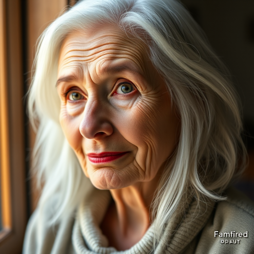 Create a hyper-realistic portrait of an elderly woman with white hair, capturing detailed facial features and expressions, using a Canon EOS R5 with a 50mm f/1.2 lens, ISO 100, aperture set to f/2.8, 1/125 sec shutter speed, soft natural light from a window, shallow depth of field, and a warm color tone.