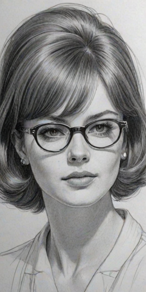 Splendid Sophie Wylie, pencil sketch, portrait of Comely woman 1960s in glasses, hair style beatnik, outline, clear lines, fine lines, 8k