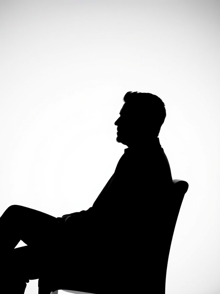 Create a high-contrast silhouette of a seated man in a suit against a white background, using a Canon EOS R5, 35mm lens, f/2.8 aperture, 1/125s shutter speed, ISO 100, captured in portrait view with soft lighting to emphasize the silhouette.