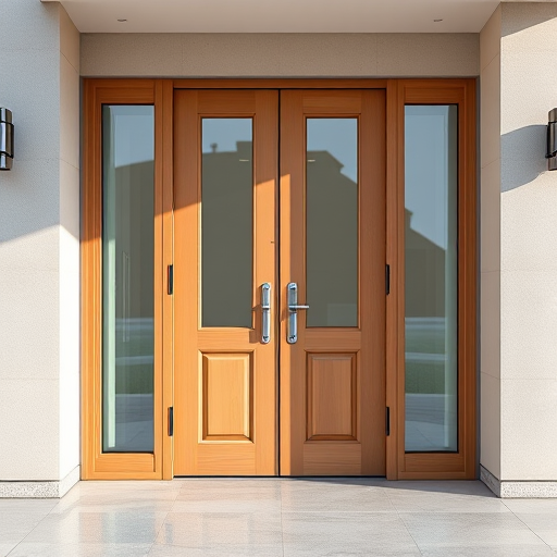 Create an image of a modern door with four glass panels, shot from a straight-on perspective using a DSLR camera at f/8 aperture, ISO 100, 1/200 sec shutter speed, in high-definition, with natural lighting to enhance details and textures.