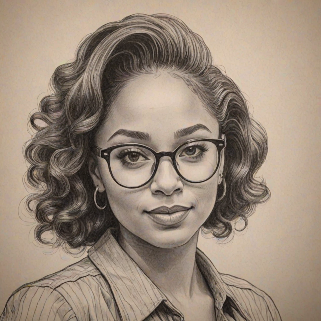 Enticing Raven Symone, pencil sketch, portrait of Sublime woman 1943s in glasses, hair style beatnik, outline, clear lines, fine lines, 8k