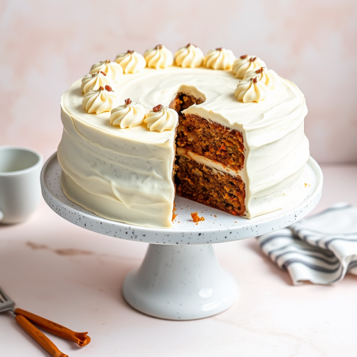 A beautifully decorated carrot cake with cream cheese frosting on a white speckled cake stand, partially sliced to reveal multiple layers filled with grated carrots and nuts, set against a soft pastel background with a cup and a striped napkin nearby.