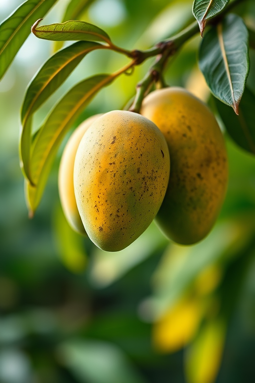 mangoes hanging on a branch with a blurred green background, macro lens, aperture f/2.8, shutter speed 1/200s, ISO 100, taken with a DSLR camera, soft natural lighting