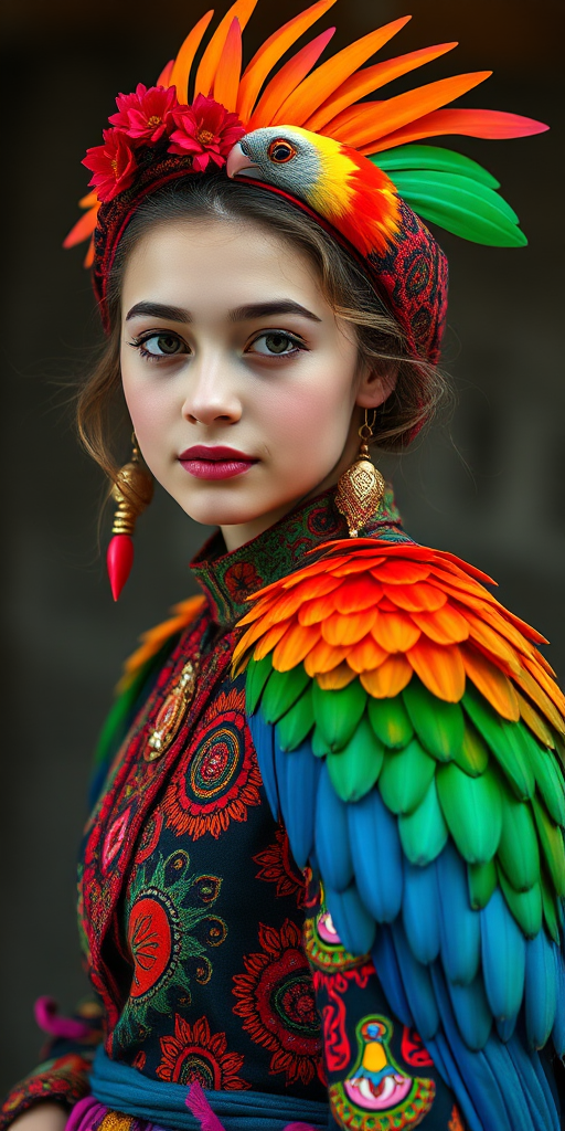 A beautiful Turkish girl, wearing colorful bird clothing with vibrant colors