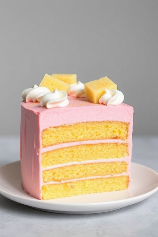 A beautifully decorated cake with layers of pink and yellow sponge, topped with whipped cream and small squares of cake, presented on a white plate against a soft gray background.