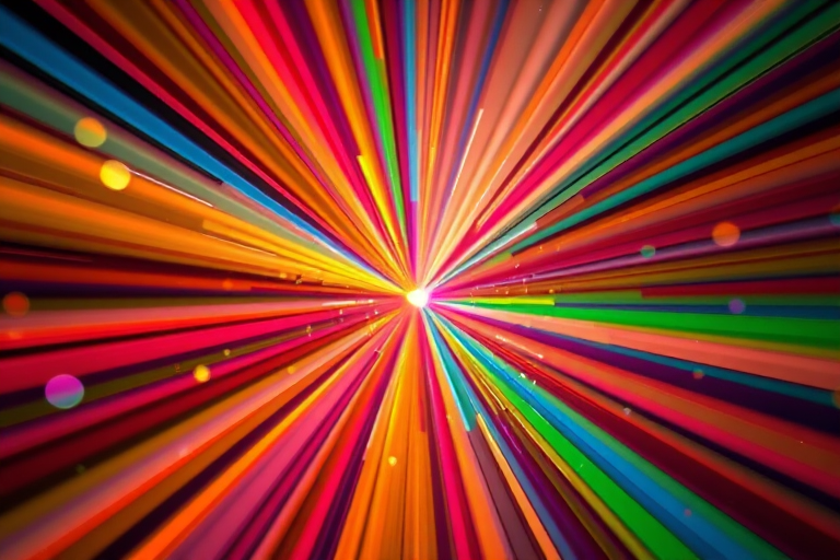 Create an abstract burst of colorful rays emanating from a central point, using a high-resolution camera with a 50mm lens, aperture set to f/1.8, ISO 100, in a macro perspective to enhance vivid details and depth.