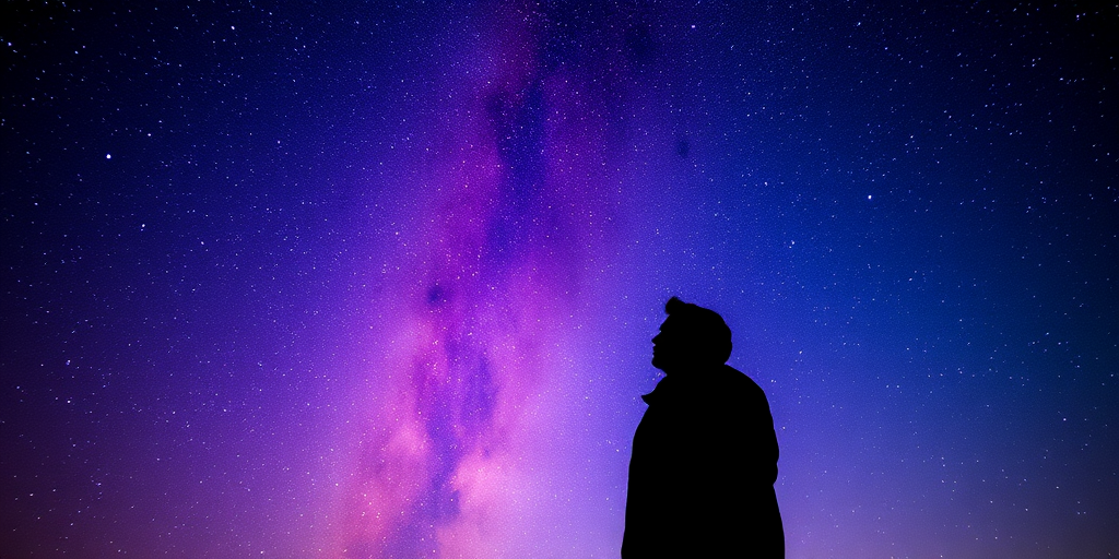 couple silhouette against a starry night sky, vibrant purple and blue galaxy backdrop, Canon EOS R5, 24mm lens, f/2.8 aperture, ISO 800, long exposure, portrait view, soft focus for a dreamy effect