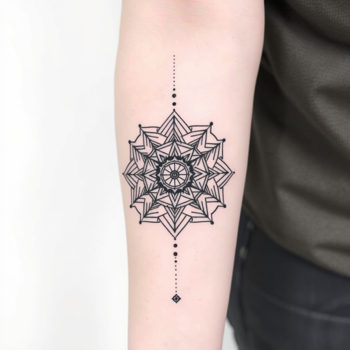 Minimalist blackwork tattoo called "Geometric Harmony" showcasing intricate sacred geometry patterns, fine line mandala designs, and subtle dotwork shading, ideal for arm or leg placement