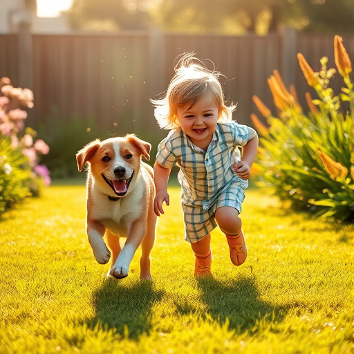 Warmly lit image of a child playing with a dog in a sunlit backyard, both mid-chase, laughter visible on the child's face, a burst of energy captured in the moment, flowers blooming along the garden's edge, the smell of fresh-cut grass filling the air.