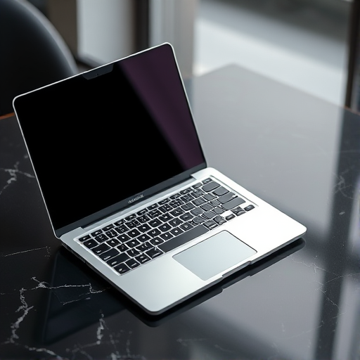 Create a high-resolution image of an open laptop on a dark, marbled table surface with a smooth texture, using a DSLR camera with a 50mm lens at f/2.8 aperture, ISO 100, and a shot taken from a 30-degree angle to capture the laptop's screen reflecting ambient light.
