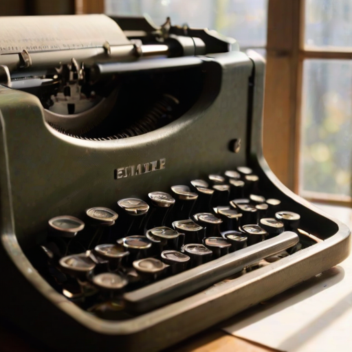 Sharp, detailed photo of a vintage typewriter, sunlight streaming through a nearby window, soft shadows cast by the keys, a blank sheet of paper loaded in the machine, the sound of distant typing filling the air, a cup of coffee steaming nearby.