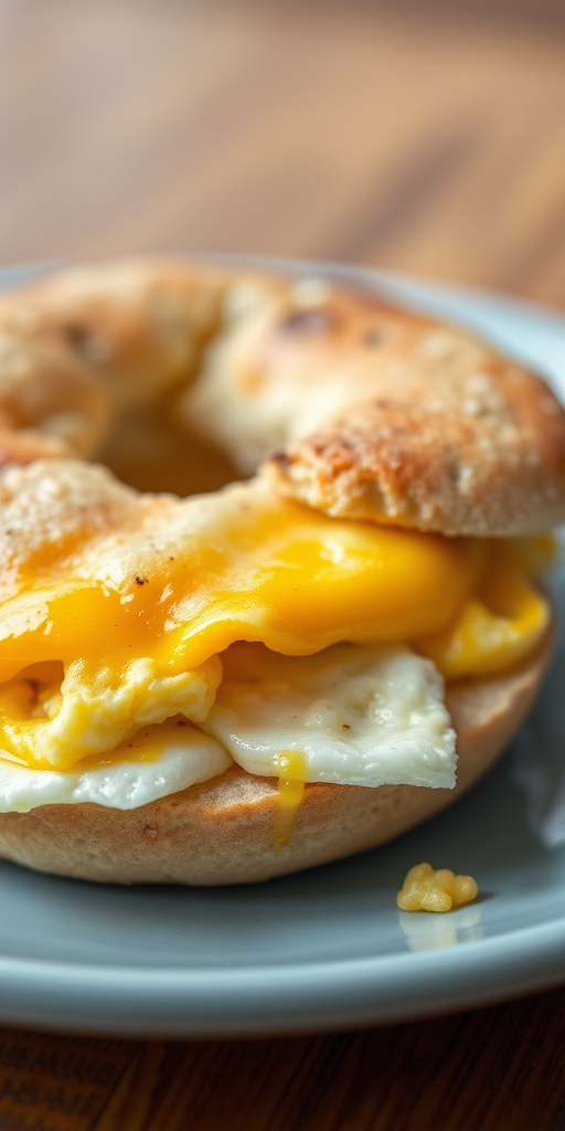 Close-up of a freshly made bagel sandwich with scrambled eggs and melted cheese on a light blue plate, natural daylight, f/2.8, 1/60s, ISO 200, macro lens, smartphone camera.