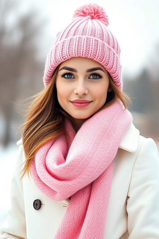 Portrait of a young woman wearing a stylish white winter coat and a pink knitted hat with a pom-pom, wrapped in a pink scarf, standing outdoors in a snowy landscape, DSLR camera, f/2.8 aperture, 50mm lens, ISO 100, natural lighting, soft focus background.