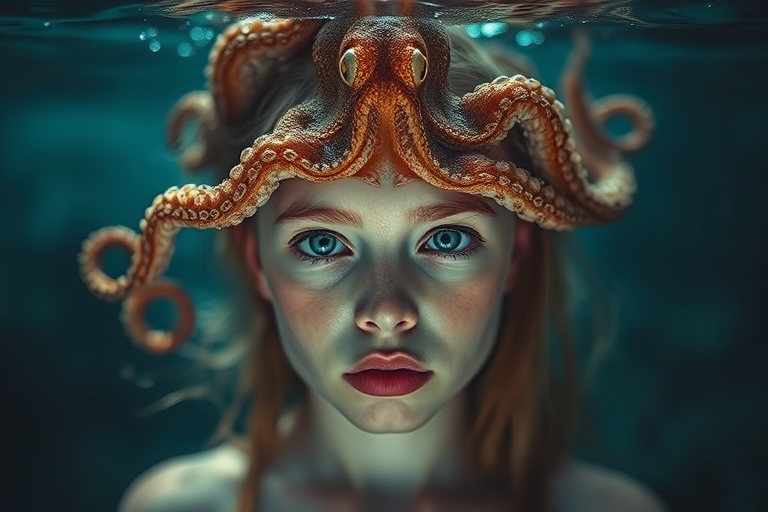 Regenerate a mystical portrait of a girl with an octopus on her head, shot with a Canon EOS R5 at f/1.8, ISO 100, and a 35mm lens, using a soft focus style and a dramatic lighting setup to enhance detail and depth, capturing a surreal, underwater atmosphere.