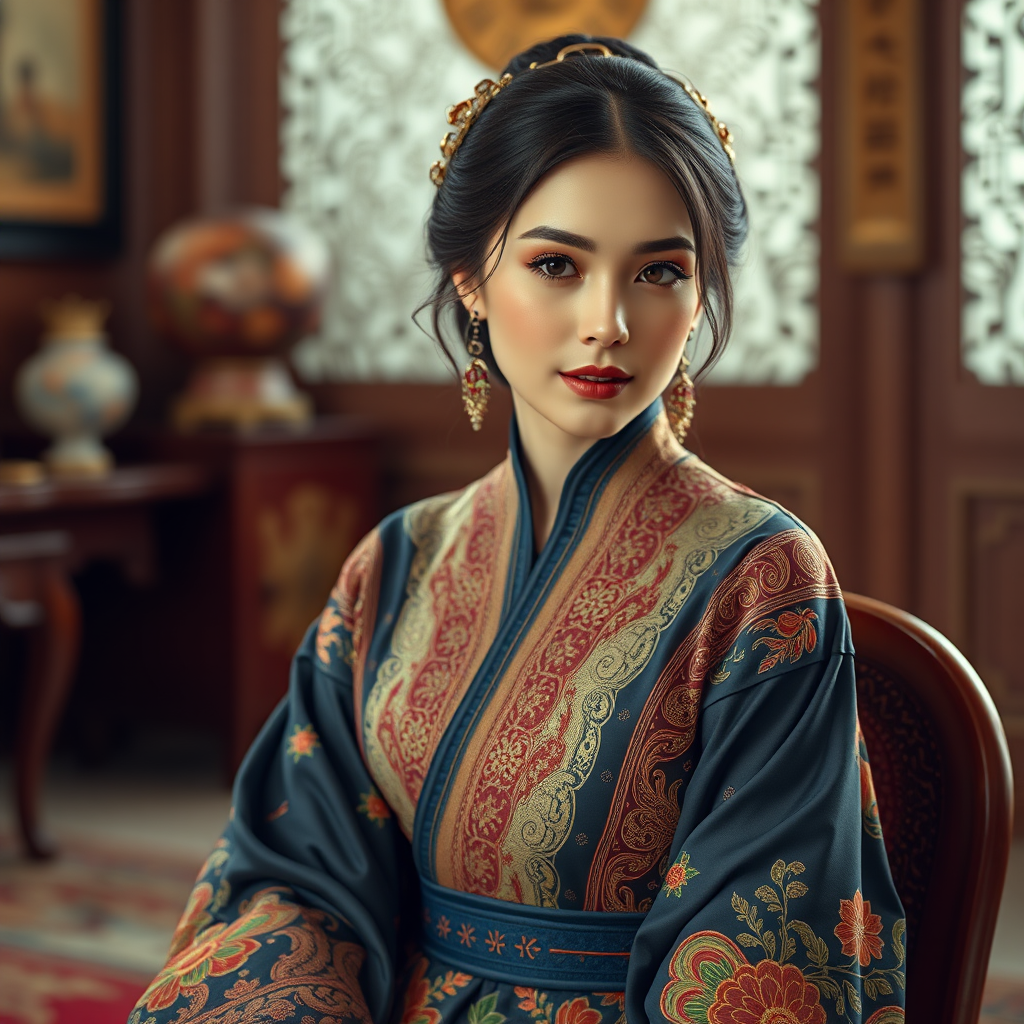 A beautiful Armenian woman in traditional East Asian attire, intricately detailed with embroidered patterns, sitting gracefully in a richly decorated room, soft ambient lighting, serene and elegant, ultra-realistic, 8K resolution
