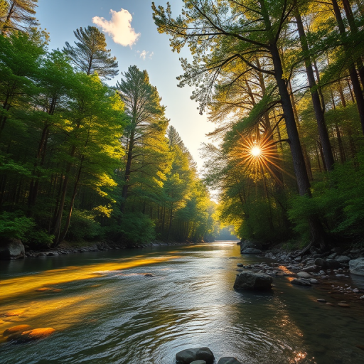 Create an image of a serene, sunlit forest scene with a clear, gently flowing river. Tall trees with lush green foliage line both sides of the river, their leaves bathed in the warm golden light of the setting or rising sun. The sunlight filters through the trees, casting soft, dappled light on the river, which flows over smooth rocks and pebbles, creating a peaceful, natural atmosphere. The sky is bright with a few scattered clouds, and the overall mood is tranquil, evoking a deep sense of connection with nature. The image captures the beauty of a calm, pristine forest landscape at either dawn or dusk.