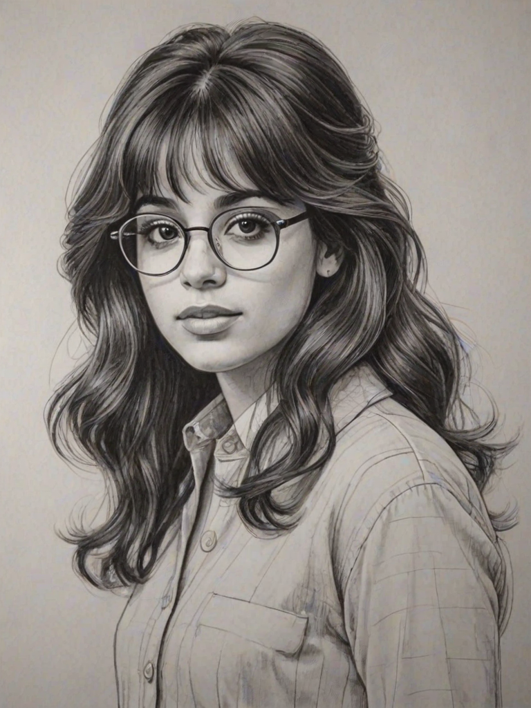Enchanting Camila Cabello, pencil sketch, portrait of Comely woman 1960s in glasses, hair style beatnik, outline, clear lines, fine lines, 8k