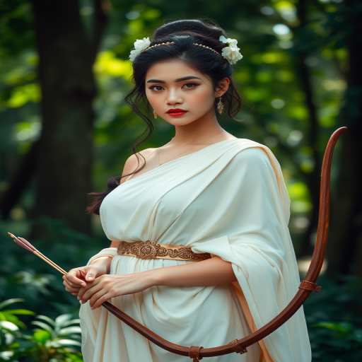 Create a portrait of a goddess-like Singaporean girl figure in a tranquil, forested environment. She has an elegant appearance with long, wavy hair styled in an updo and adorned with a delicate, floral headband. She wears a flowing, ancient Greek-inspired gown in a soft, pale color, featuring a one-shoulder design and draped fabric that accentuates her graceful form. The outfit includes a decorative belt with ornate gold detailing, and she holds a bow in her hand, with a quiver of arrows slung over her shoulder. The background depicts lush greenery, with sunlight filtering through the trees, casting a gentle, ethereal light on the scene. Her expression is calm and contemplative, embodying a sense of wisdom and serenity.