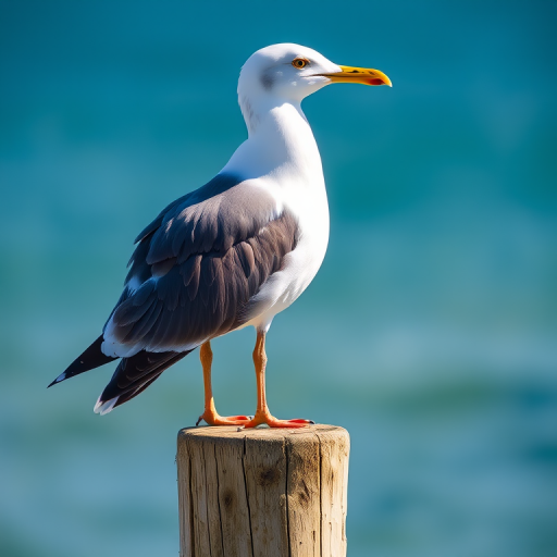 Capture a close-up of a seagull perched on a wooden post with a shallow depth of field, using a DSLR camera, 50mm lens, aperture f/2.8, ISO 200, natural lighting, and a blurred background for enhanced focus on the bird.