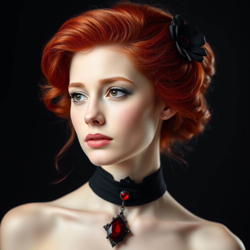 A young woman with bright red hair styled in a voluminous updo adorned with black floral accents, wearing a black choker with a large red gemstone pendant, looks off to the side with a slightly pensive expression, her face softly lit against a dark background.  The image is composed as a portrait, shot from a close-up perspective, with the subject filling most of the frame.  The woman's skin appears fair and flawless, with a subtle glow.  The overall atmosphere is elegant and slightly dramatic.