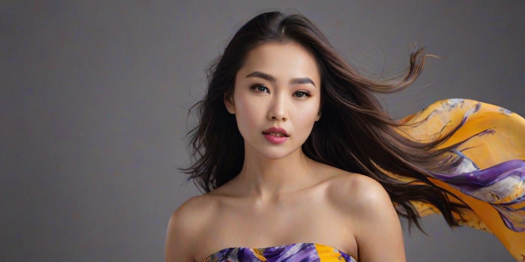 Photographic image of a beautiful young Kazakh woman, brown eyes, lips with Yellow lipstick, long hair fluttering in the wind and wearing a silk strapless dress with a soft purple and orange print. monochrome image with only color highlights in the iris of the eyes, lipstick and dress. Gray background.