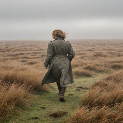 Foggy moorland, tall grasses swaying in the wind, with a woman in a long coat walking across the landscape, her boots crunching in the wet ground.