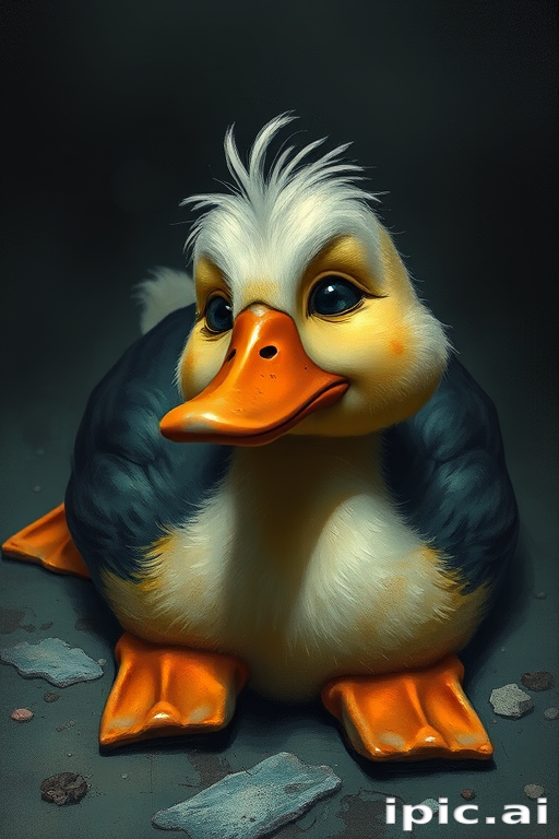 Stunning image of a cute adorable tired looking wacky duck laying flat on the ground, no emotions, moody, grainy, noisy, concept art, by Alberto Seveso, Cyril Rolando, Dan Mumford, Meaningful Visual Art, Detailed Painting, Digital Illustration,