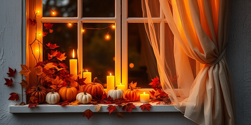 Cozy autumn scene with a window view decorated with warm fairy lights pumpkins and candles glowing softly on a windowsill surrounded by autumn leaves and a gentle curtain draping in the breeze
