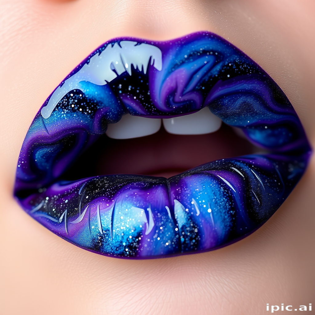 Enchanting galaxy lips swirling with deep blues, purples, and hints of silver glitter, mimicking the vast expanse of the cosmos on a miniature scale