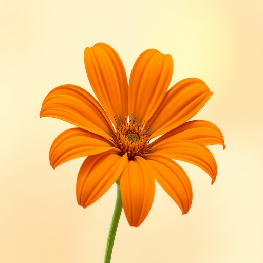 Create an illustration of a orange flower with detailed petals and a vibrant green stem, background of soft pastel shades, using a DSLR camera with a 50mm lens, aperture set to f/8 for sharp focus, ISO 200 for clarity, and soft natural lighting to enhance colors.