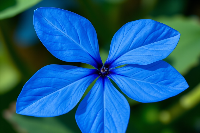 Create a high-resolution image of a blue flower with five petals, featuring intricate leaf patterns on each petal, shot with a DSLR camera at f/2.8 aperture, ISO 100, and a focal length of 50mm, from a top-down view with soft natural lighting for enhanced detail and clarity.