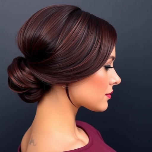 Sophisticated socialite flaunting a sleek, low bun with a deep side part and face-framing pieces, colored in a rich burgundy hue
