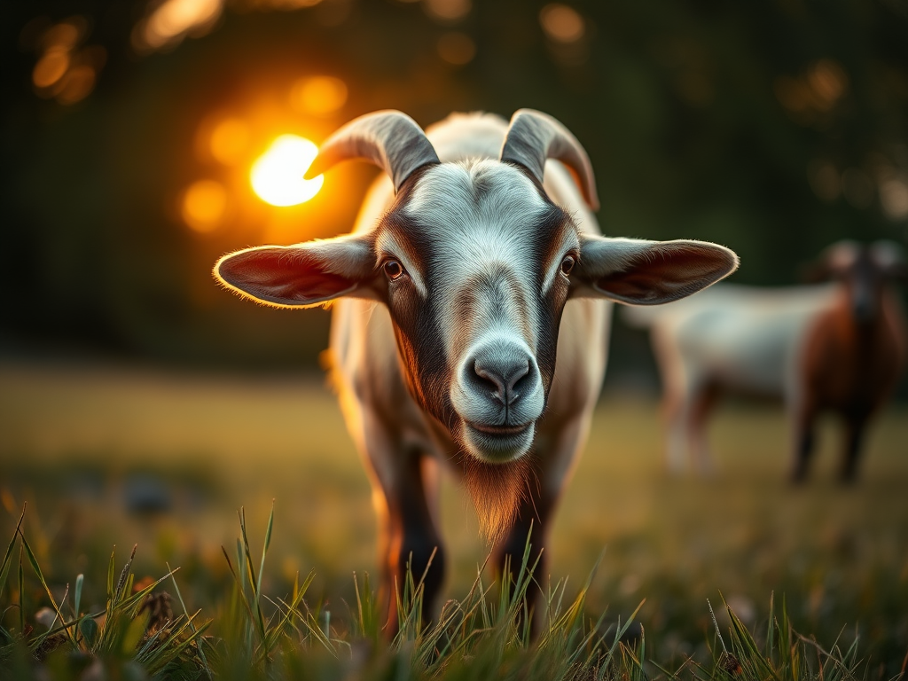 close-up of a grazing goat in a field at sunset, shallow depth of field, aperture f/2.8, ISO 400, 50mm lens, soft natural lighting, DSLR camera