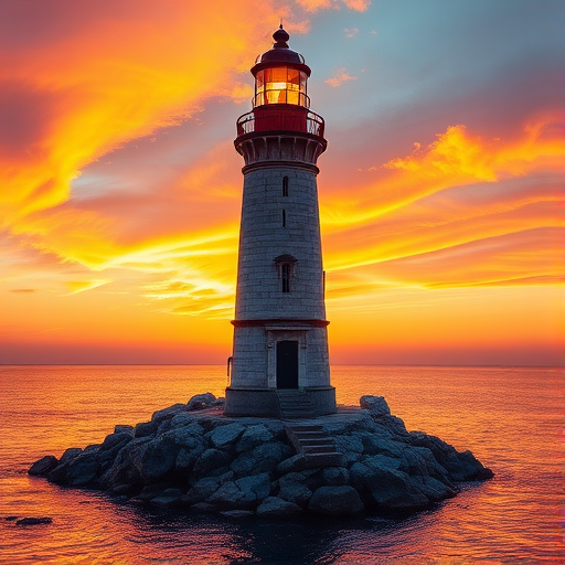 Generate an image of a tall lighthouse perched on a rocky outcrop surrounded by calm ocean waters during a breathtaking sunset. The lighthouse stands sturdy and weathered, its stone surface illuminated by the warm golden light of the setting sun. The sun's rays pass directly through the glass lantern room at the top of the lighthouse, casting a brilliant light across the scene. The sky is painted with vibrant shades of orange, pink, and purple, reflecting off the tranquil sea. The surrounding water shimmers with the same warm hues, creating a serene and majestic atmosphere.