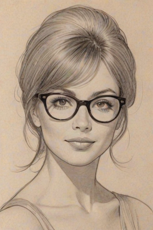 Captivating Mya, pencil sketch, portrait of Radiant woman 1960s in glasses, hair style beatnik, outline, clear lines, fine lines, 8k