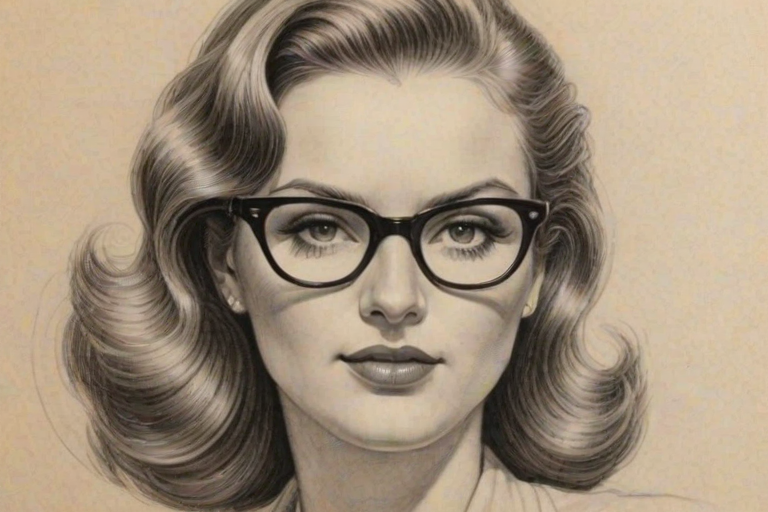 Bewitching Molly McNearney, pencil sketch, portrait of Exquisite woman 1941s in glasses, hair style beatnik, outline, clear lines, fine lines, 8k