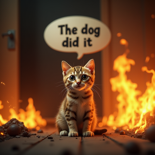 Photorealistic image of an innocent-looking cat sitting calmly in the middle of a burning room. Flames engulf the room, with fire licking up the walls and smoke filling the air. The cat is sitting on the floor, looking directly at the viewer with wide, innocent eyes. Above the cat, a speech bubble says "The dog did it". The contrast between the cat's calm demeanor and the chaos around it creates a humorous and surreal scene.