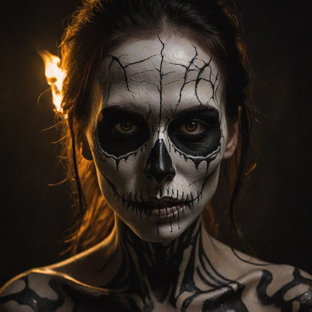 Create image featuring a close-up of a face painted like a skull. The skin is predominantly white with textured, cracked paint. The eye sockets are painted black, blending into the natural shadows of the eyes, creating a deep, hollow look. Bright, intense golden-yellow lights radiate from the eyes, casting a warm glow that contrasts with the cold, esoteric background. The nose is painted black in the shape of a spade. The mouth area features black lines extending from the corners, resembling a stitched effect. The face has sporadic black hair strands that frame it dramatically, adding to the eerie yet captivating feel. The background is blurred and dark, enhancing the focus on the face. Small, glowing orange embers are scattered sporadically across the image, contributing to the mysterious and magical atmosphere. The overall style is hyper-realistic with an emphasis on the contrast between light and dark elements, giving it an almost supernatural