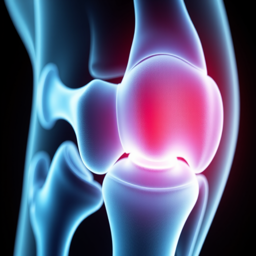 Create a highly detailed digital illustration of a human knee joint with a focus on highlighting inflammation, using a macro lens at f/2.8, 100mm focal length, 1/125s shutter speed, soft lighting, and a shallow depth of field to enhance the clarity of the bones and soft tissues around the knee.